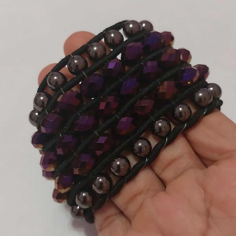 Gunmetal and Metallic Purple Wide Bracelet with Button and Loop Closure